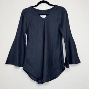 Crown Linen Designs Womens 100% Linen Bell Sleeve Tunic Top Sz XS Black V Neck
